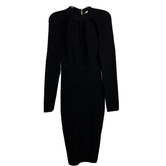 Miss Circle Cut Out Dress M Black Midi BodyCon Exposed Zipper Sexy Long Sleeve - Picture 8 of 8